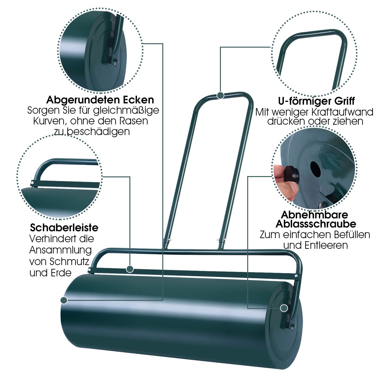 Rasenwalze 90 cm – Handwalze mit 63 L Fassungsvermögen, aus Stahl, grün